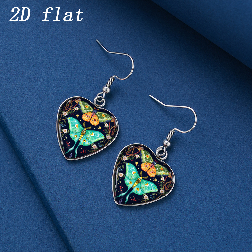 Vintage Forest Moth & Flower Pattern Heart-Shaped Earrings